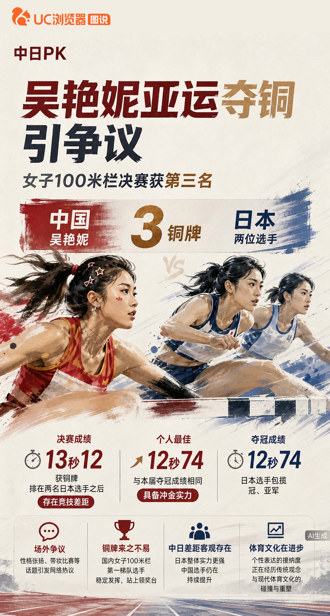 名古屋亚运女子100米栏决赛，吴艳妮13秒12摘铜，不敌两名日本选手。她个人最佳与夺冠成绩同为12秒