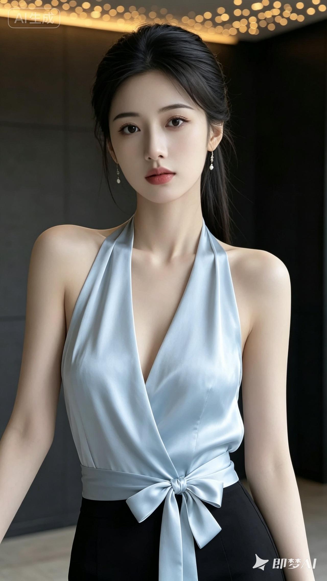 优雅气质，浅蓝丝质吊带裙，尽显女性魅力