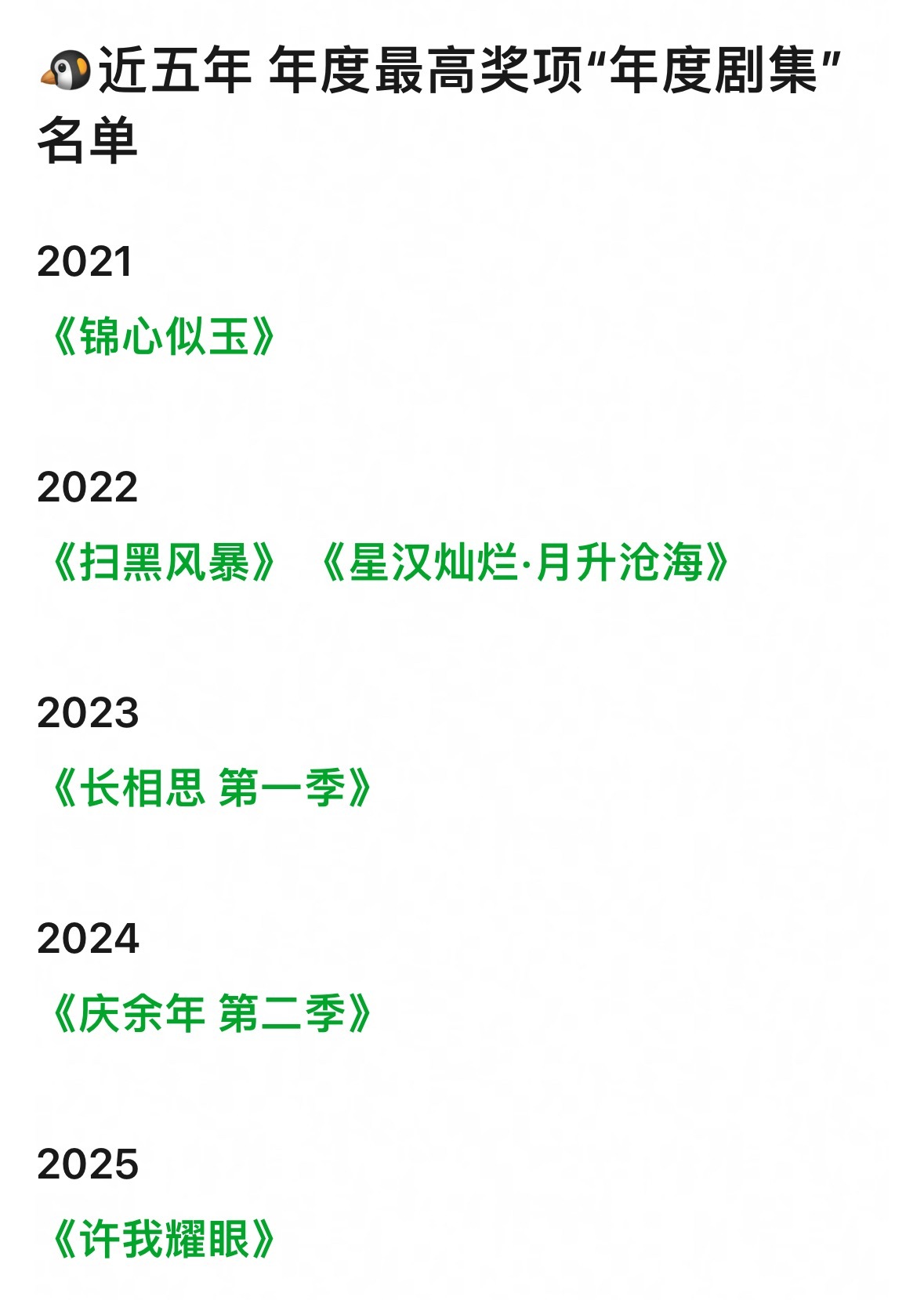 🐧近五年年度最高奖项“年度剧集”名单