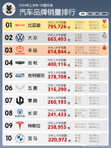2026上半年国内市场汽车品牌销量排行