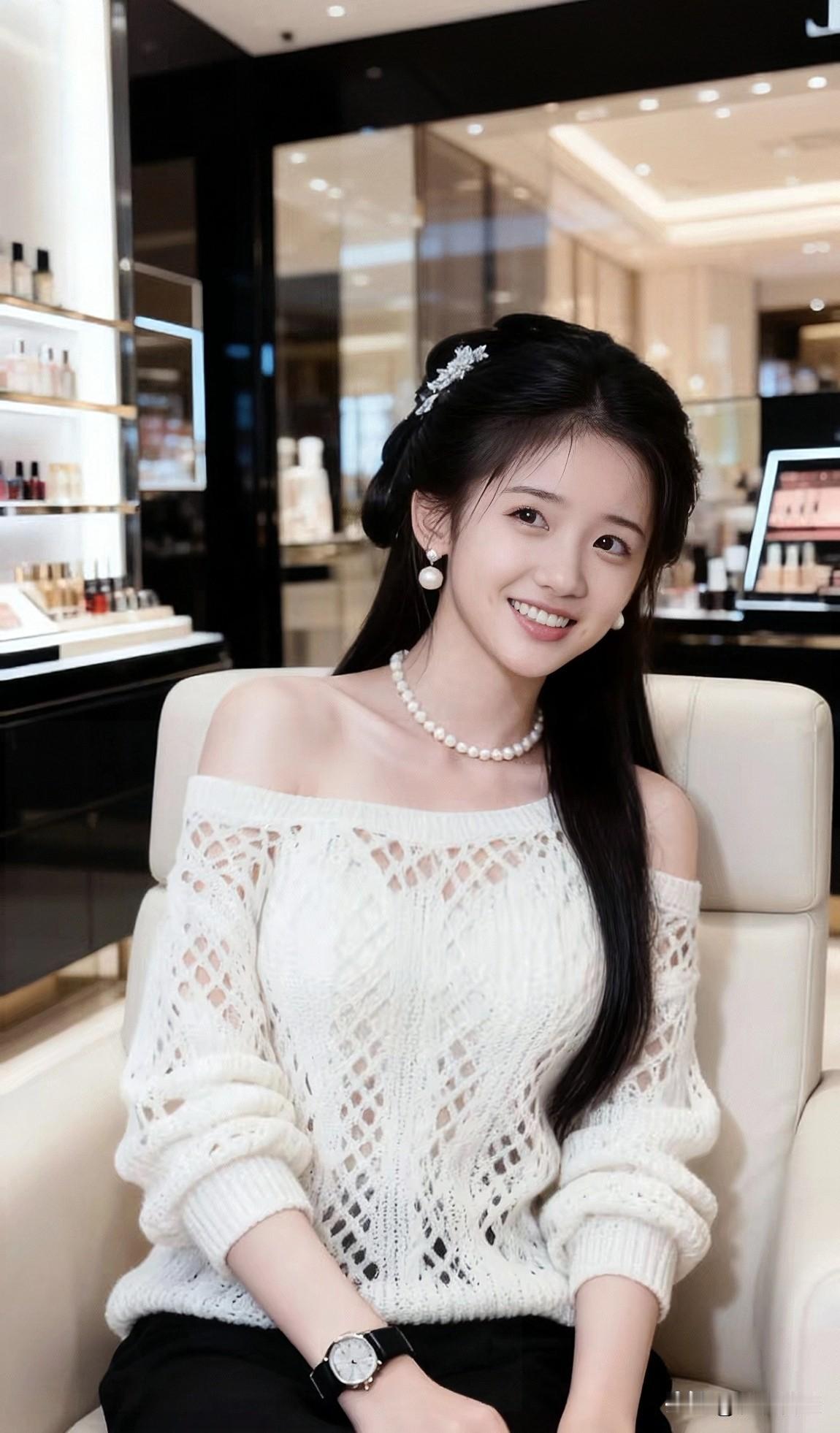 小姐姐珍珠项链缀优雅，甜笑轻漾，妆容精致，穿搭点睛，魅力瞬间盛放！今日分享随手拍