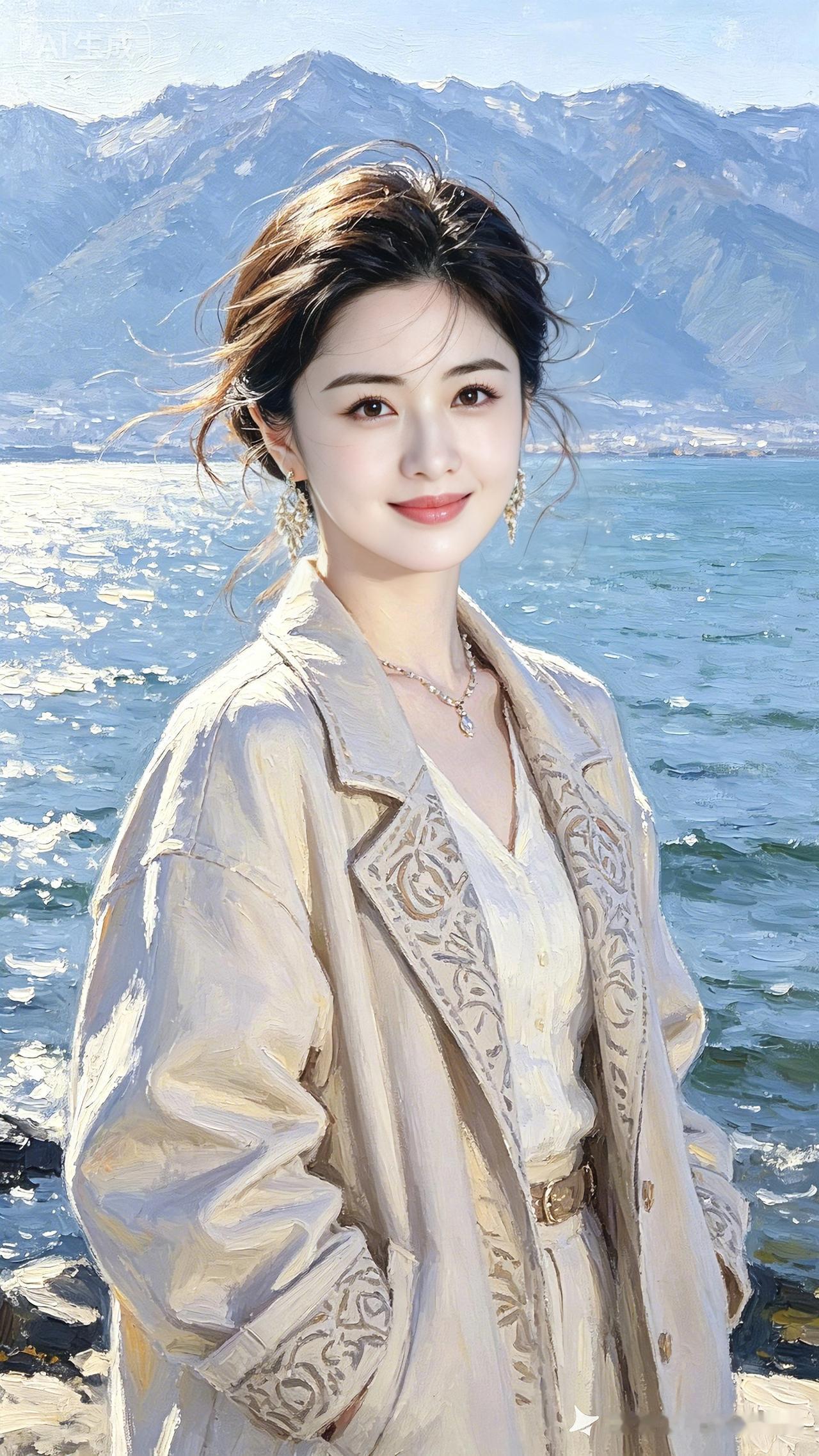 湖岸芳容远峰叠翠水茫茫，湖畔佳人立暖阳。秀发轻随风儿荡，衣装素雅韵悠