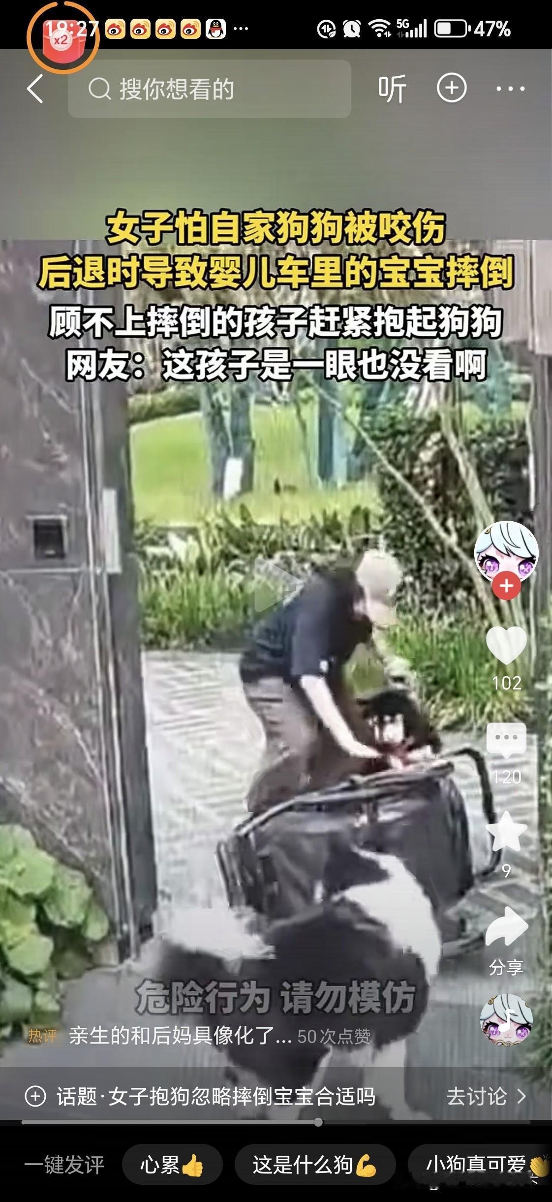 遭遇大狗攻击，婴儿车翻车女子第一时间抱起自己的狗，而不是自己的小孩。