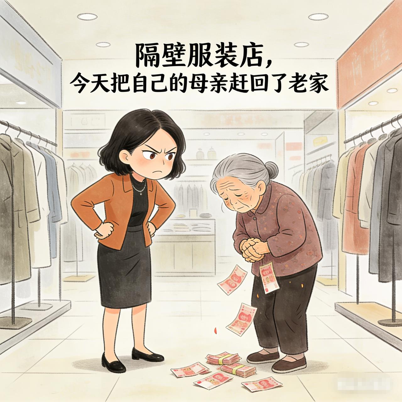 隔壁服装店，今天把自己的母亲赶回了老家。服装店老板娘来自湖南，平时母亲跟弟弟
