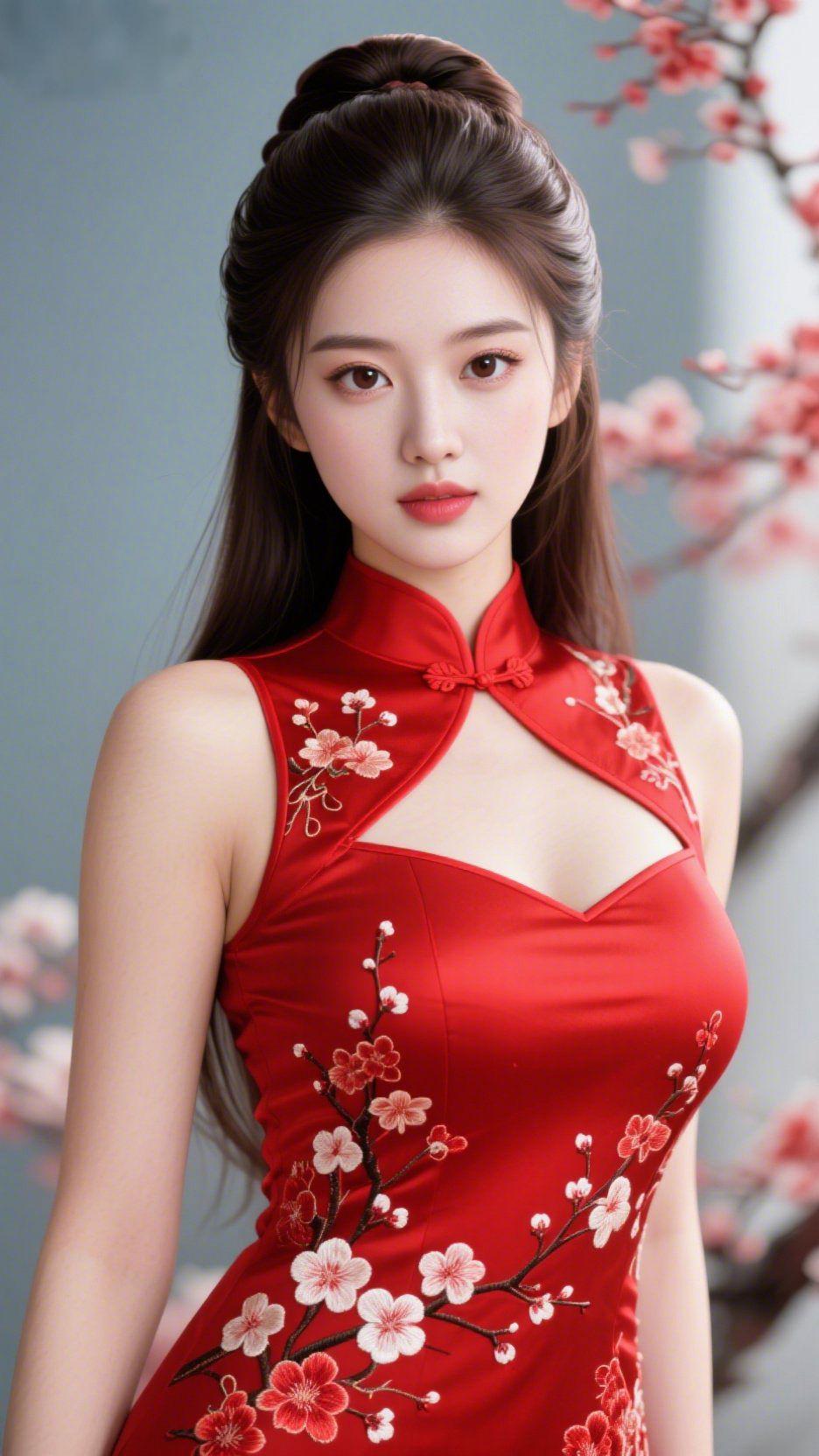 红袍绣梅韵东方一袭正红缎面旗袍，将苏绣梅花的雅致与绸缎的柔润融成了典雅的景