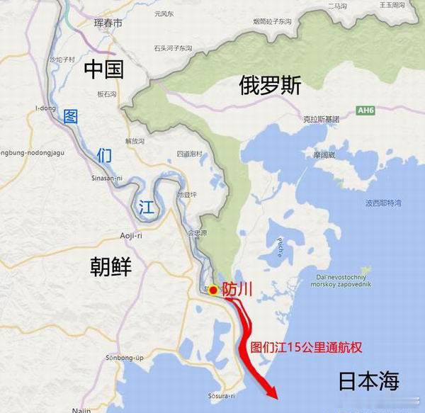 图们江是中朝俄三国界河，不属于单一国家，沿岸分属三国，图们江入海口位于俄朝边界，