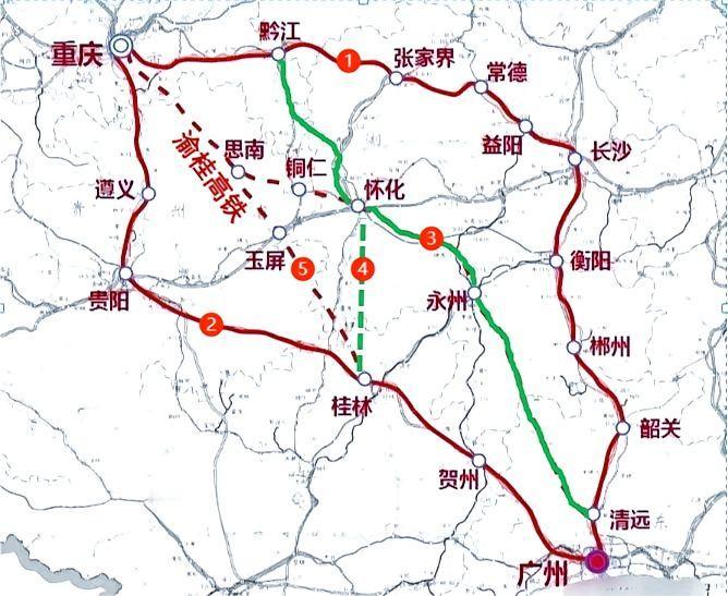 渝广高铁通道大概率还是渝黔吉坏和广清永高铁组成，虽然有条渝桂铁路走向更加顺直但是