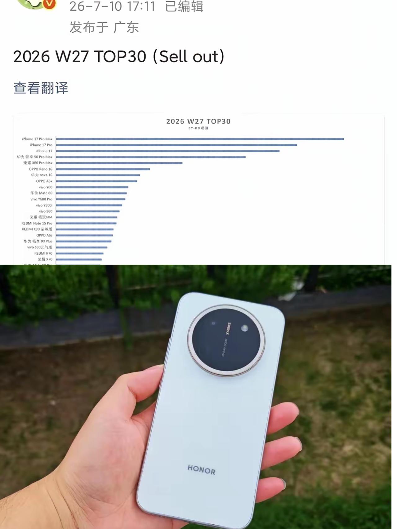 最新一周销量榜出炉！华为畅享90ProMax登顶国产品牌我不意外！但荣耀X80P