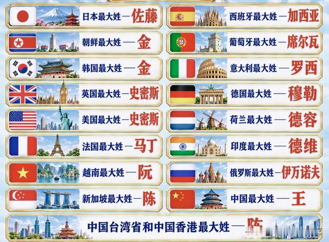一张图看懂各国头号大姓都有谁？！🔍这张汇总了多国第一大姓氏的图表，很多姓