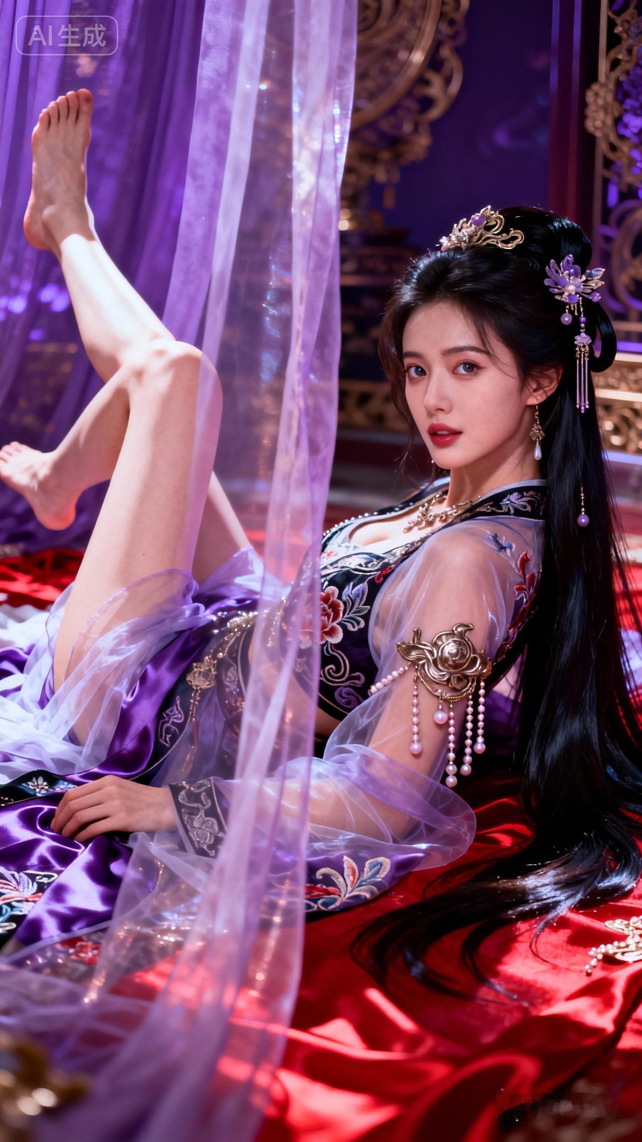 紫色总能营造出一种梦幻又神秘的氛围，当它与美女结合，那画面简直如梦似幻。化身紫色