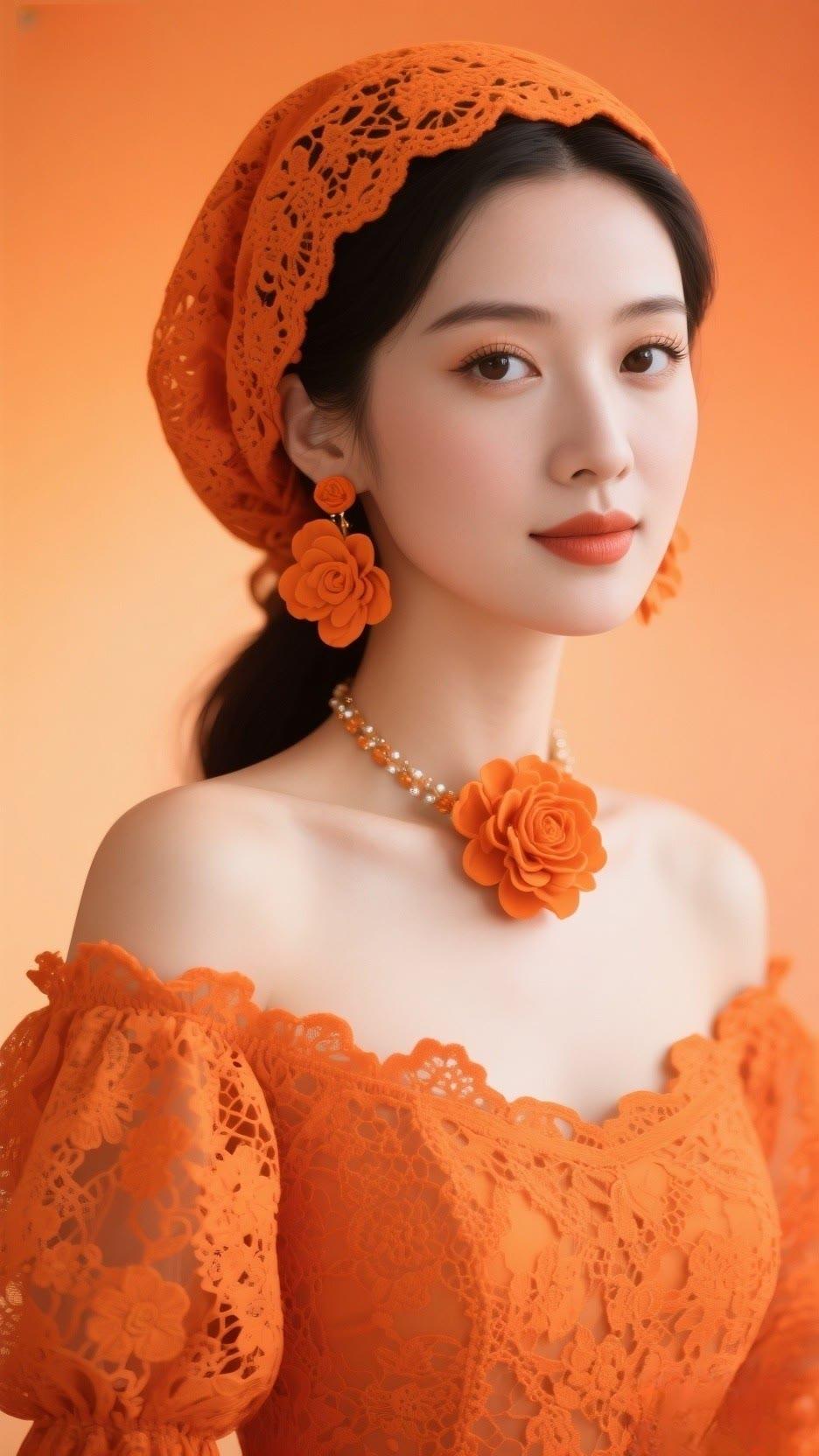 优雅复古风，橙色蕾丝连衣裙，甜美花饰，气质满满！