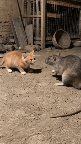 成年老鼠比两个月小猫咪大不少，竟完全不是小猫咪对手。
