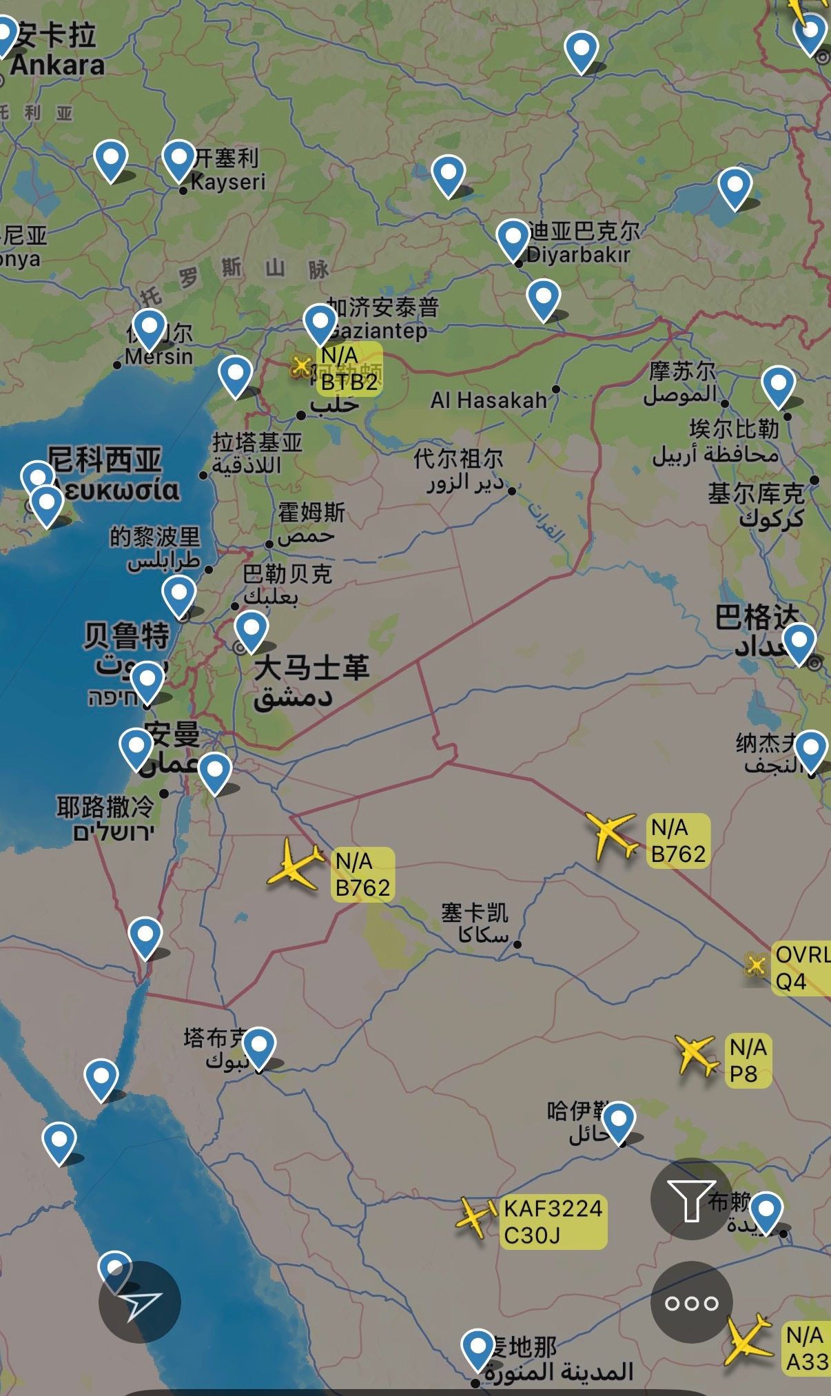 🔻根据F24数据，目前能看到至少两架美军KC-46加油机在交战地区邻国空中飞行