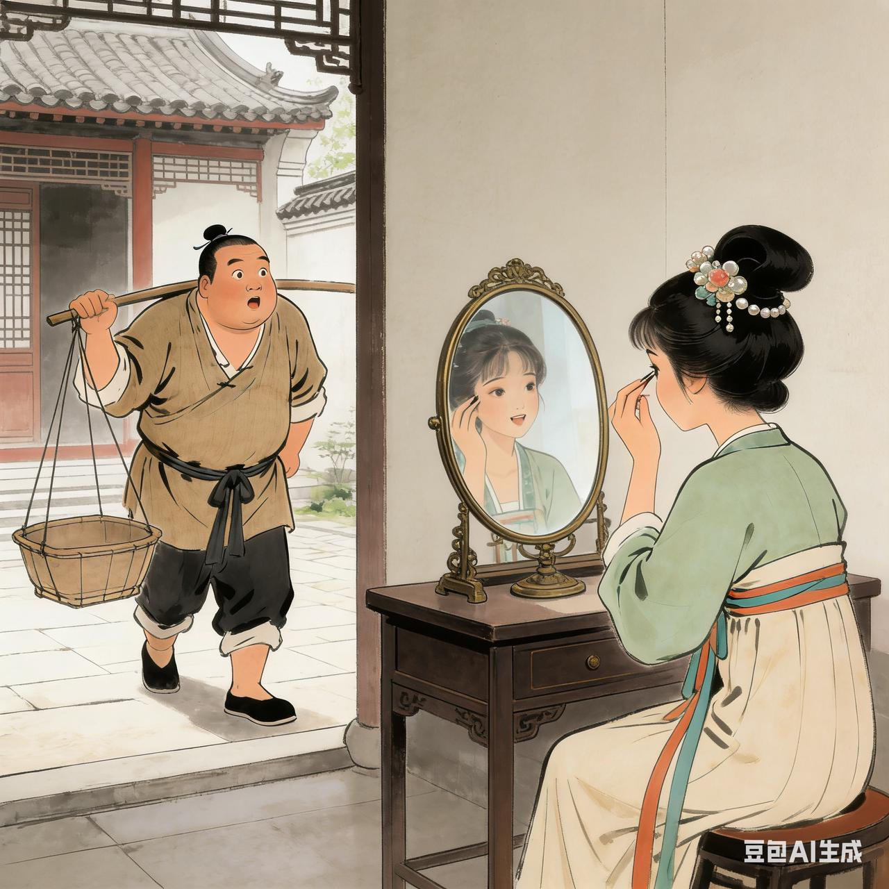 古代夫妻搞笑段子有个卖豆腐的王二，一日挑着空担子回家，见妻子正对着铜镜描眉画