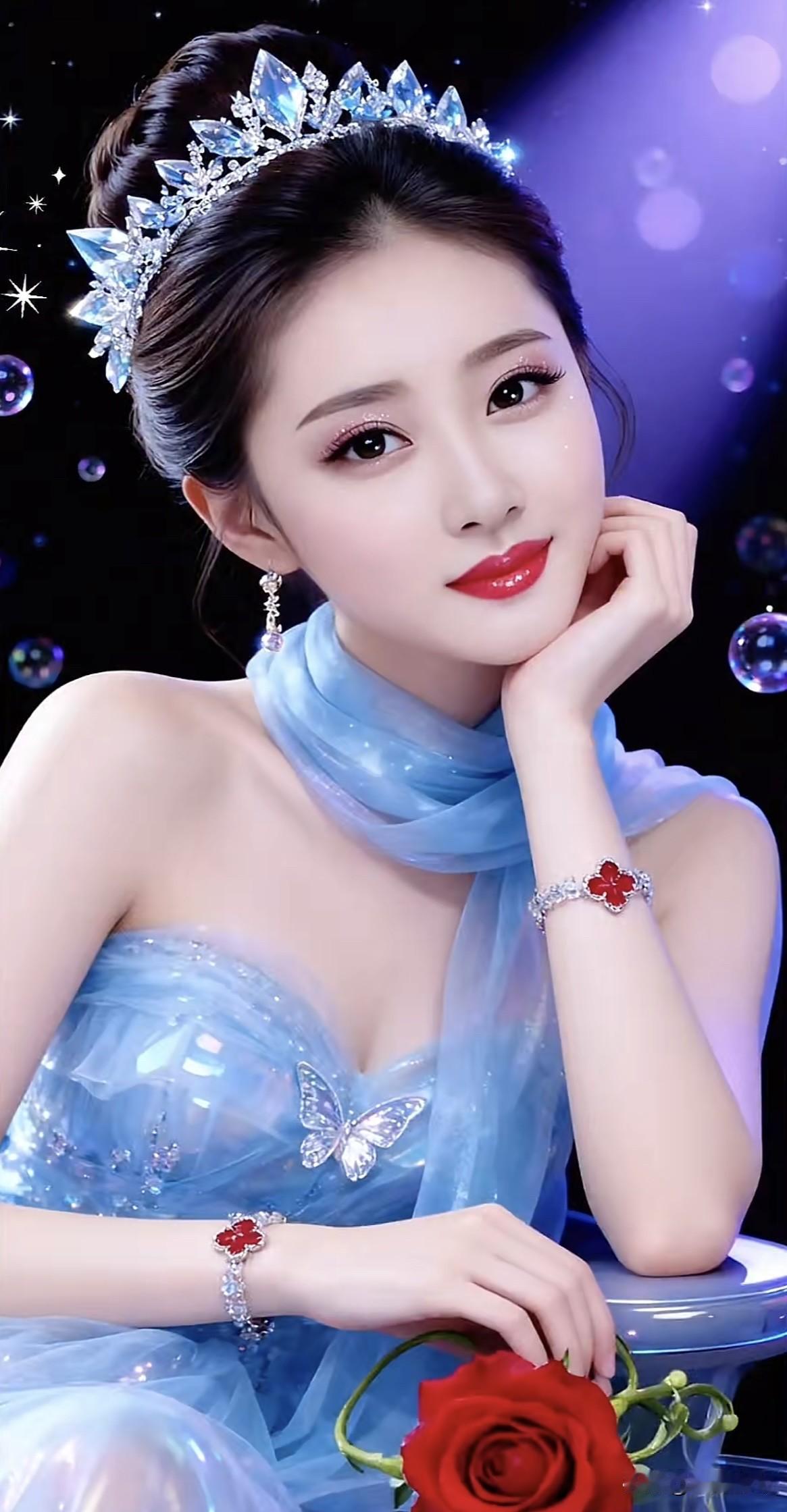 梦幻蓝裙公主，闪耀珠宝配饰，红玫瑰点缀，仙女下凡！梦幻蓝裙造型粉色公主礼服红