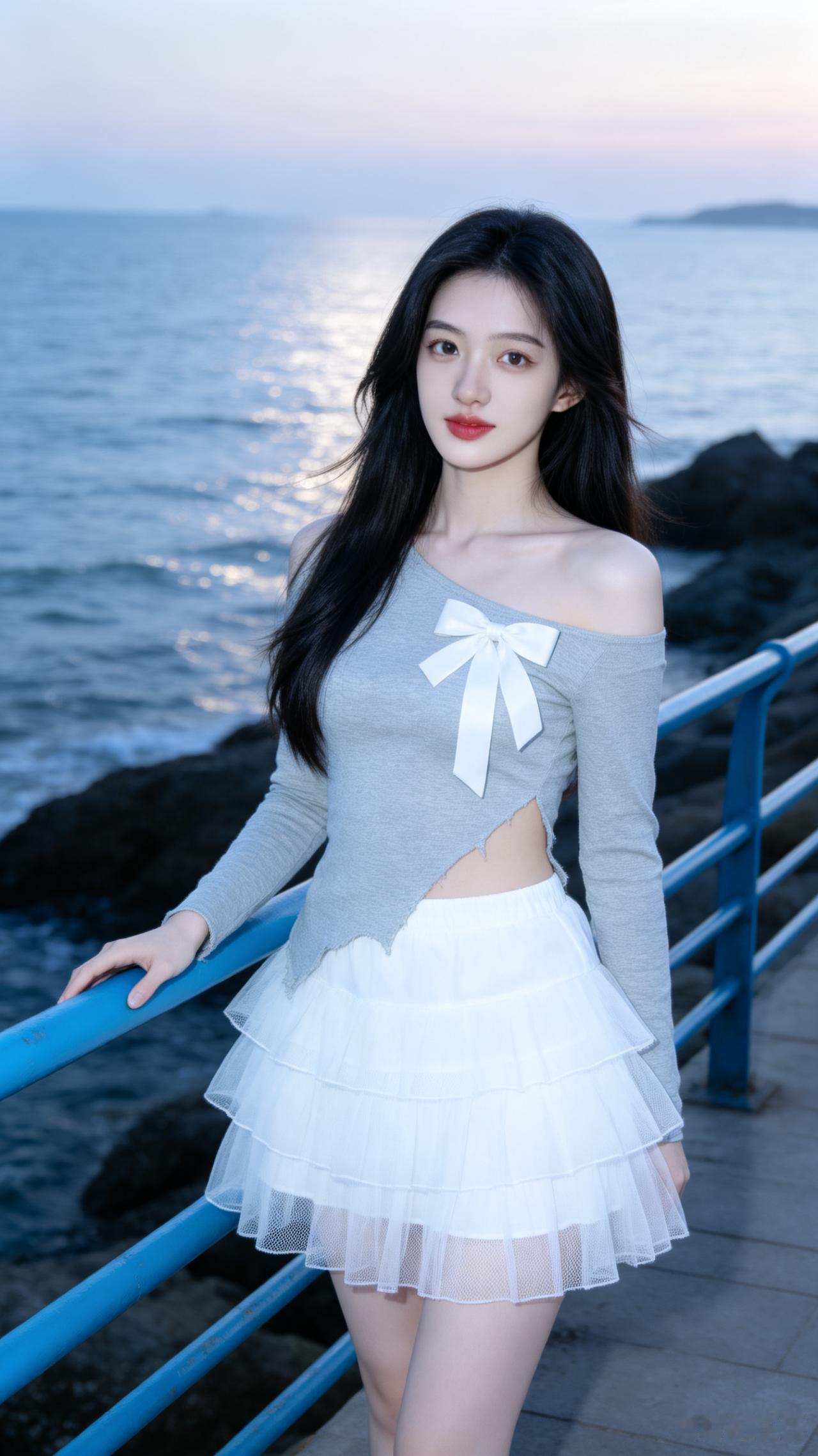 海边美女靠栏杆，风景美如画。