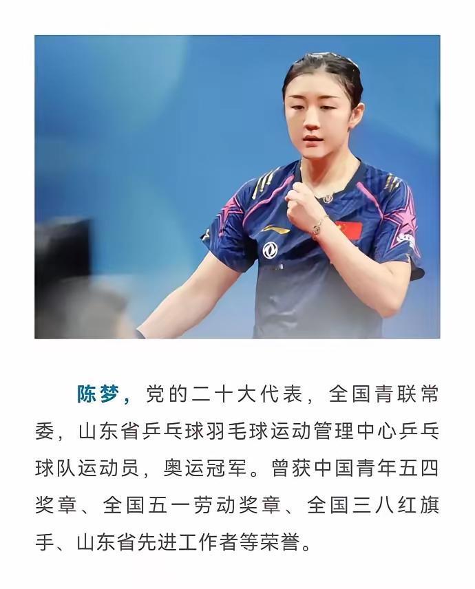陈梦这个简介含金量十足。党的二十大代表，全国青联常委，山东省乒乓球羽毛球运动管理