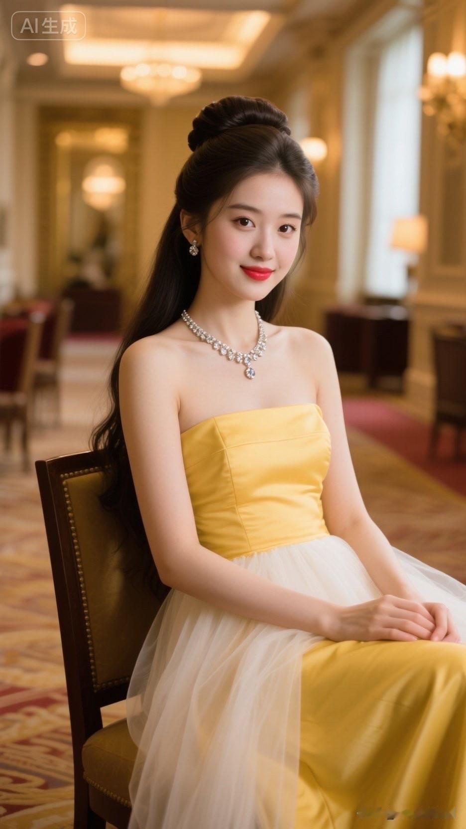 一位穿黄裙子的女士坐在椅子上。