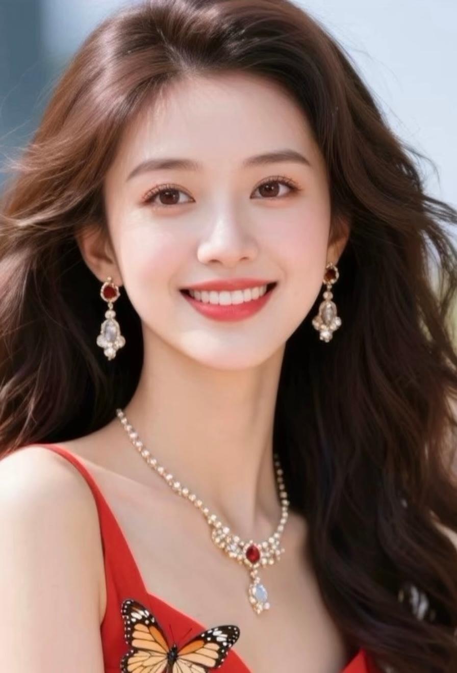 甜美微笑，优雅珠宝，红裙飘逸，宛如蝴蝶翩翩起舞。