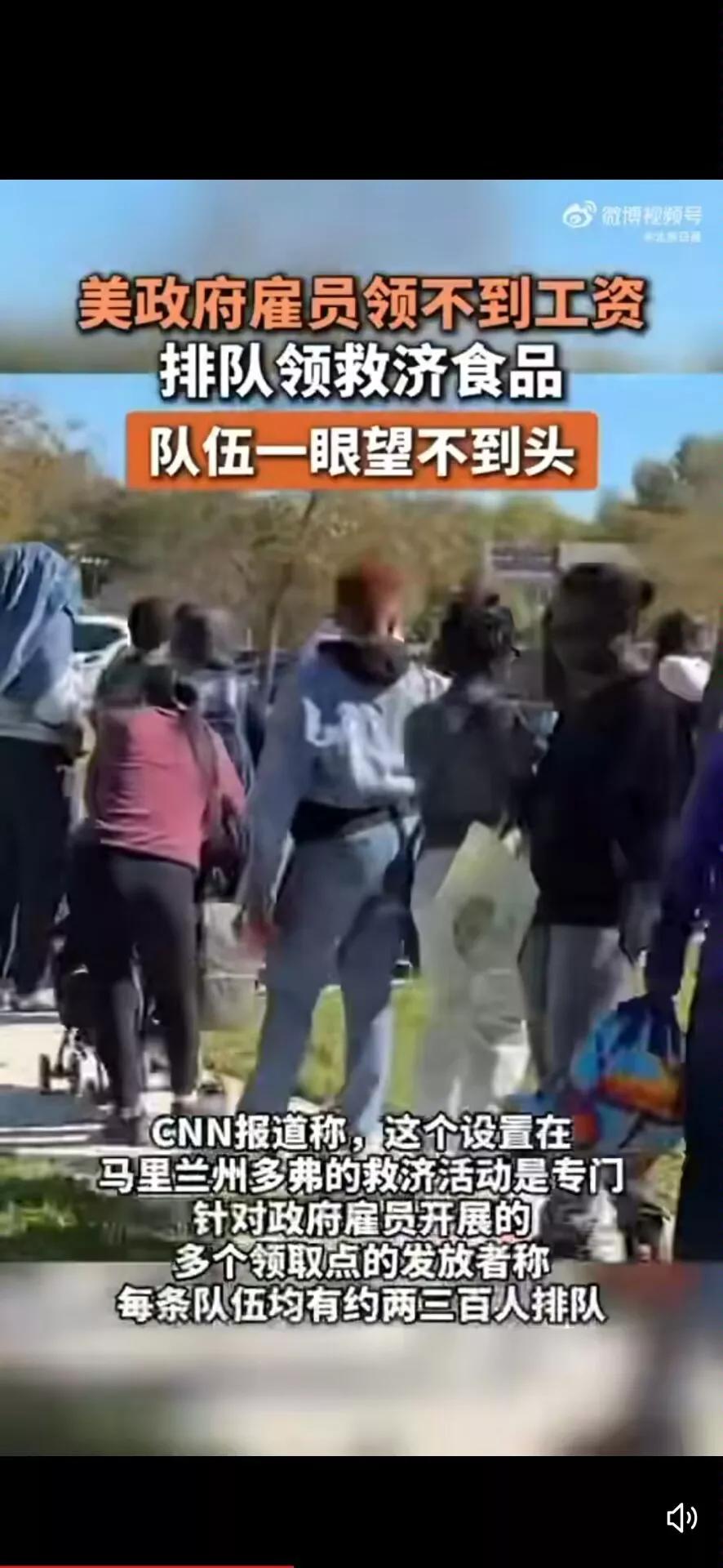 你敢信？端着“铁饭碗”的美国公务员，如今竟要排着长队领救济食品？队伍绕小区一圈，