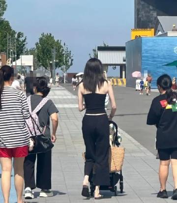 何穗带着孩子去阿那亚游玩，无修照片里皮肤白皙细腻，儿子坐在推车中悠闲地...