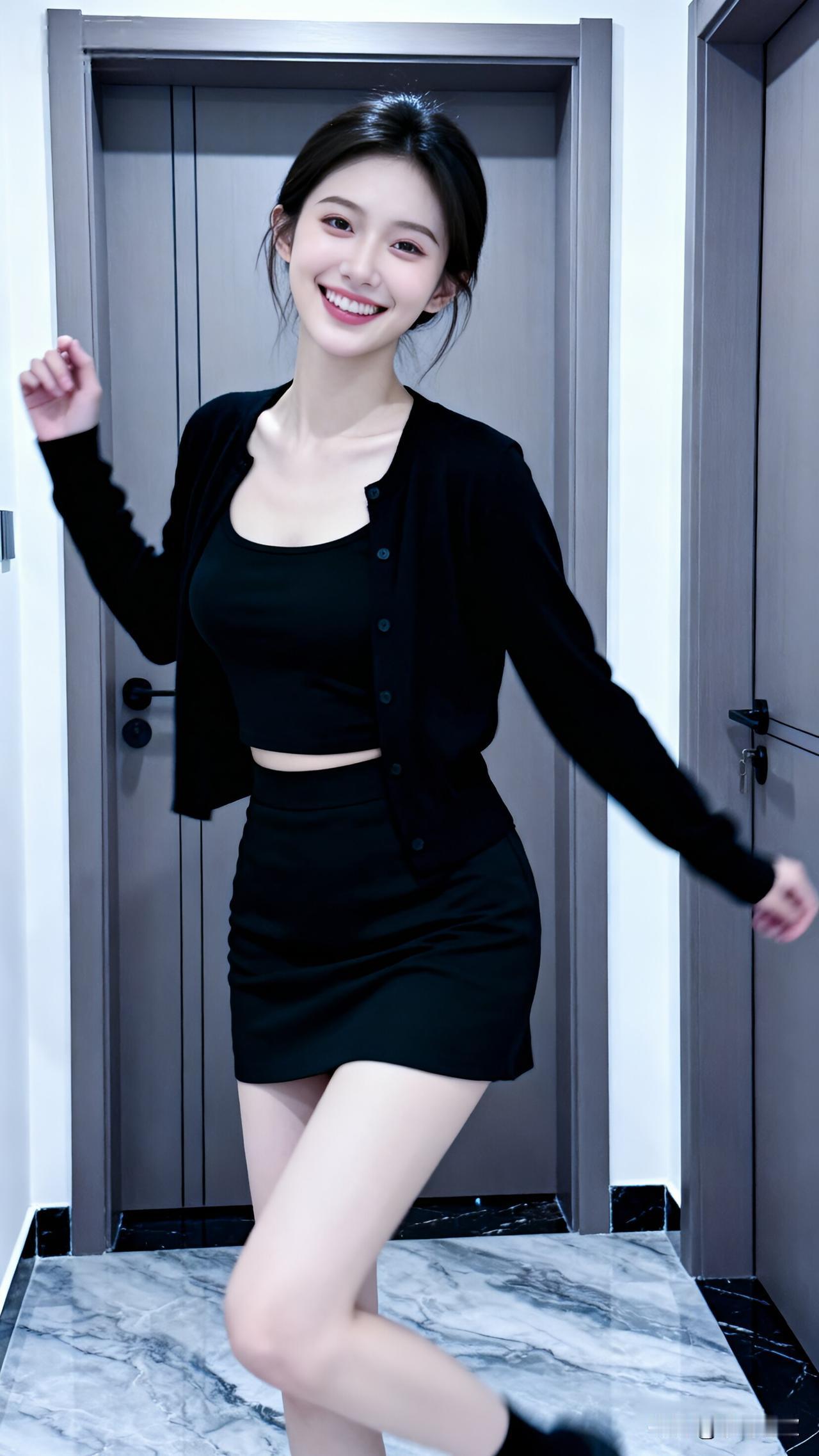 黑色套装是简约的极致大理石地板映出旋转的倒影。发丝飞扬的弧度，是独处时最自