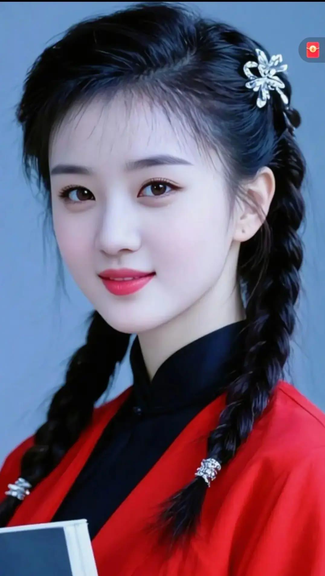 古风少女，红衣飘逸，发间花饰，温婉动人。