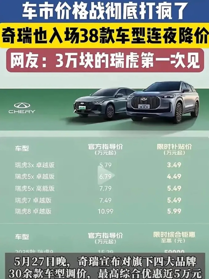 奇瑞突然掀桌子了！5月27日晚，奇瑞四大品牌30多款车集体降价，最高直降
