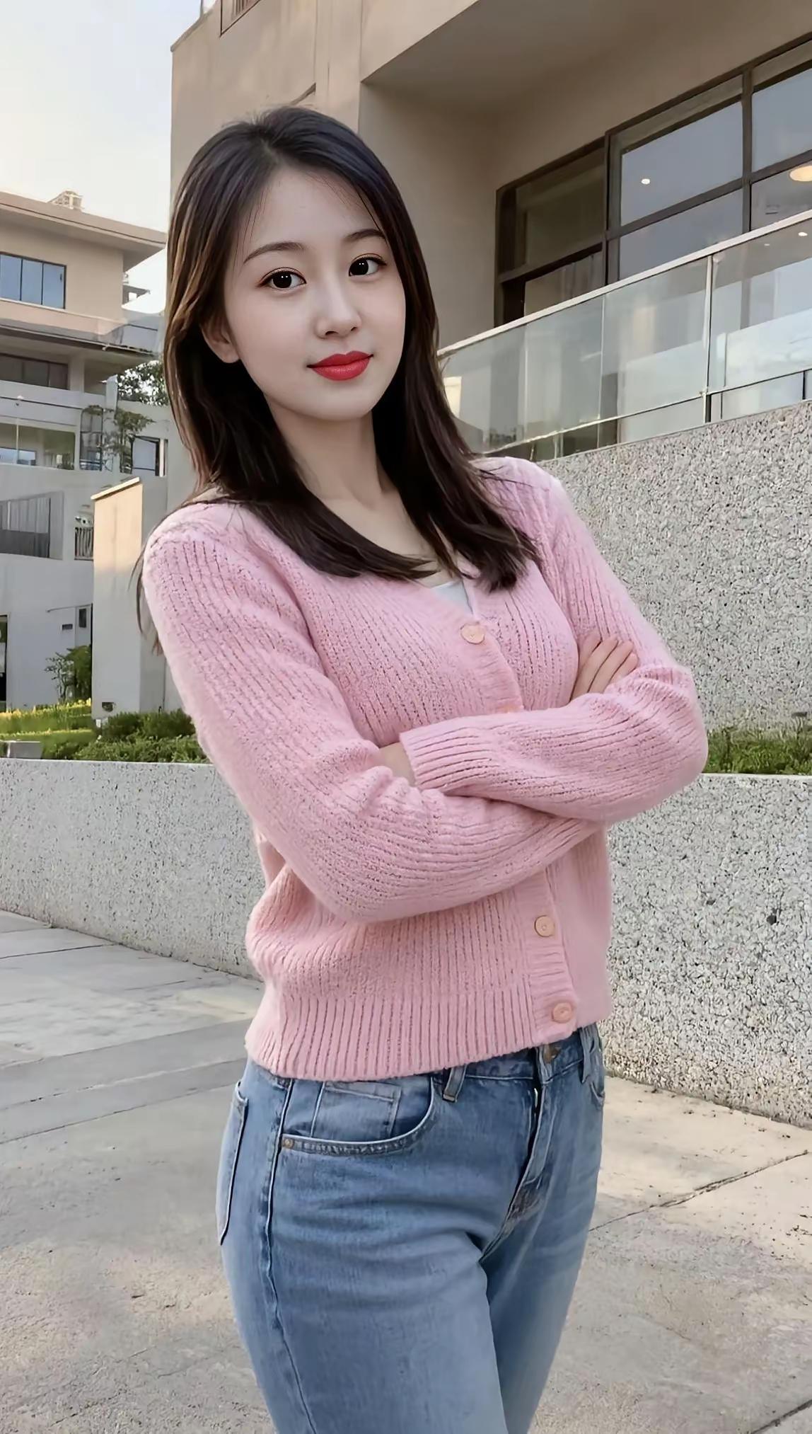 温柔粉毛衣穿搭，元气满满的一天！