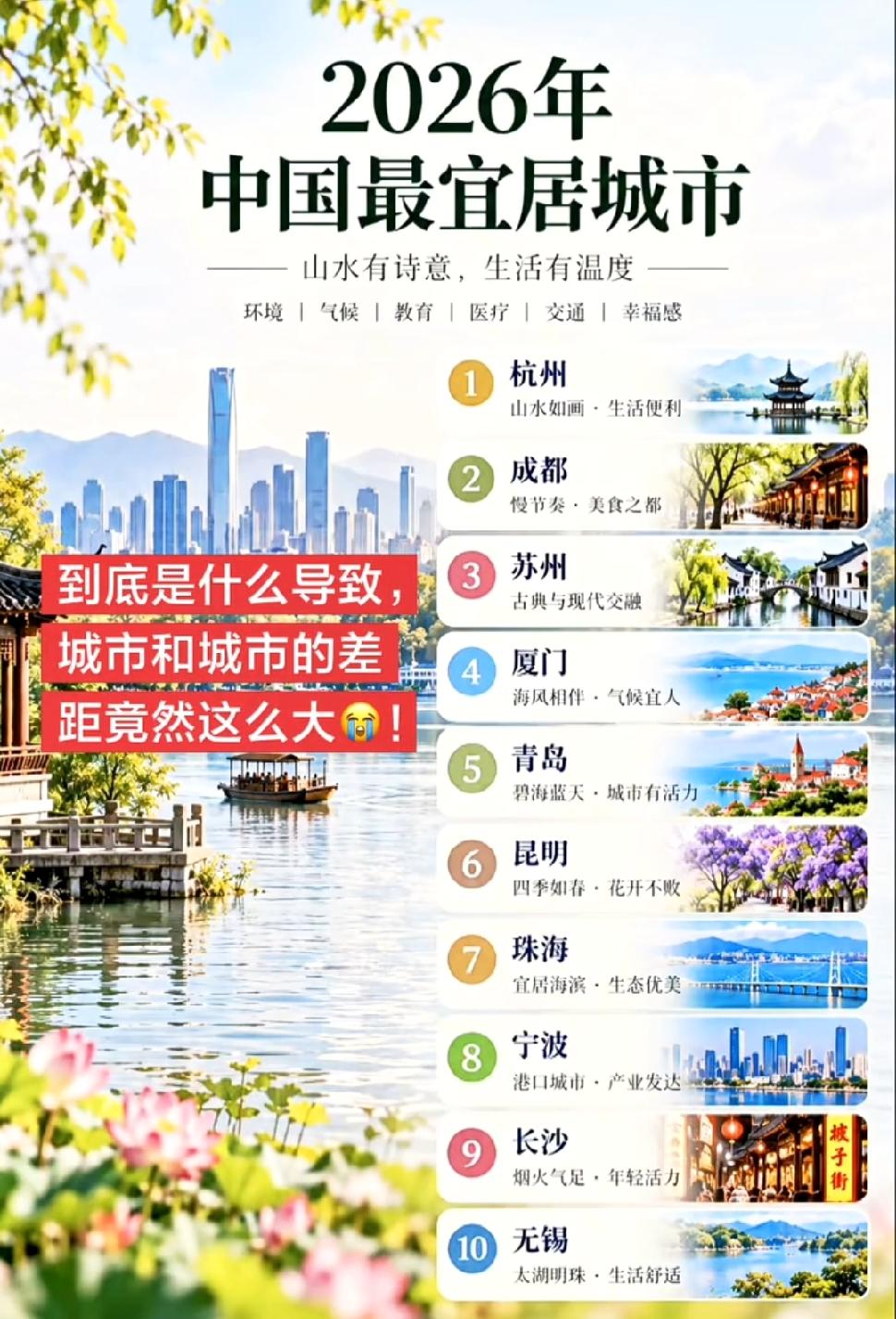 2026年中国十佳宜居城市榜单正式揭晓，榜首为杭州，次席是成都，第三名是苏州，第