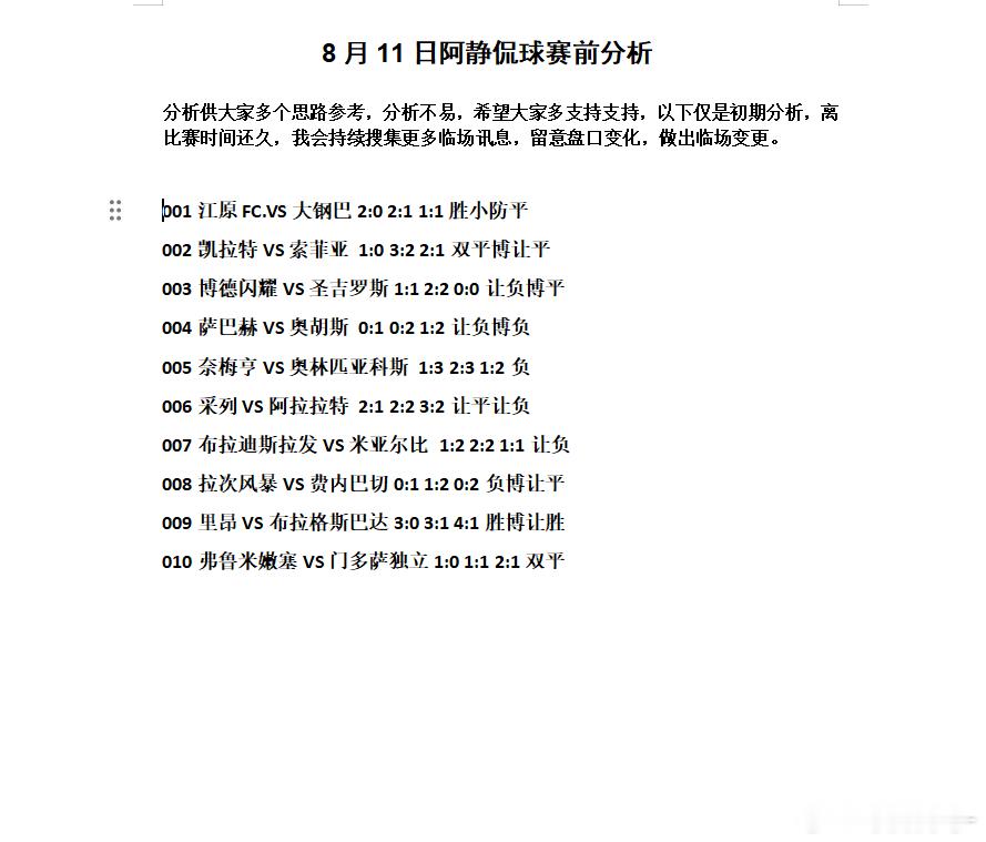 8月11日阿静侃球赛前分析分析供大家多个思路参考，分析不易，希望大家多支持支持，
