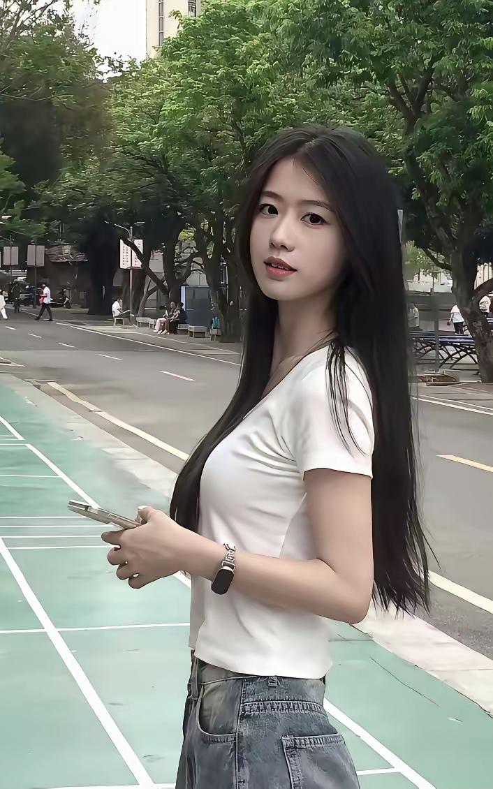 美女在街上看着手机，阳光明媚。