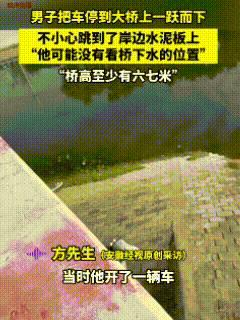 河南太康，一名男子将车停在桥上后，纵身一跃跳下桥去。后面车辆的司机见状，立刻停车