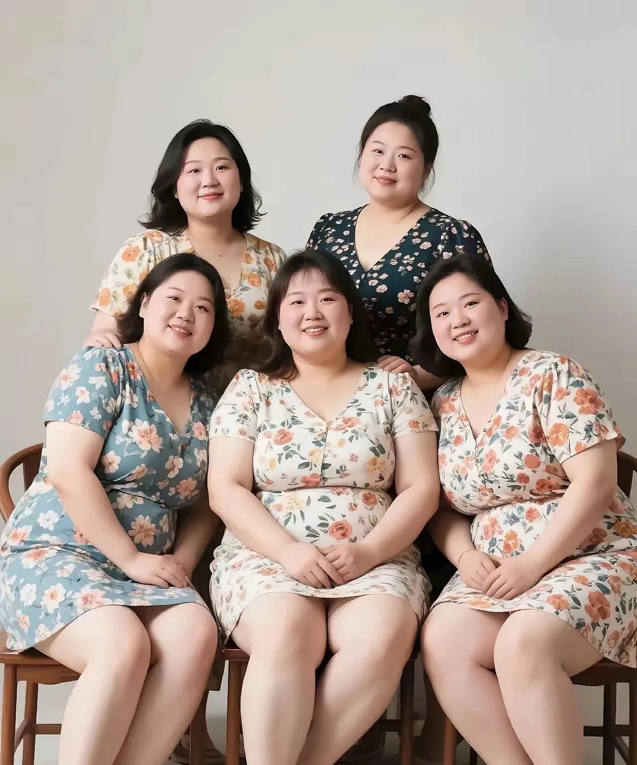 题五姐妹合照五人同框笑靥开，花色衣裙映粉腮。姊妹情长如蜜酿，人间烟火抱香来。