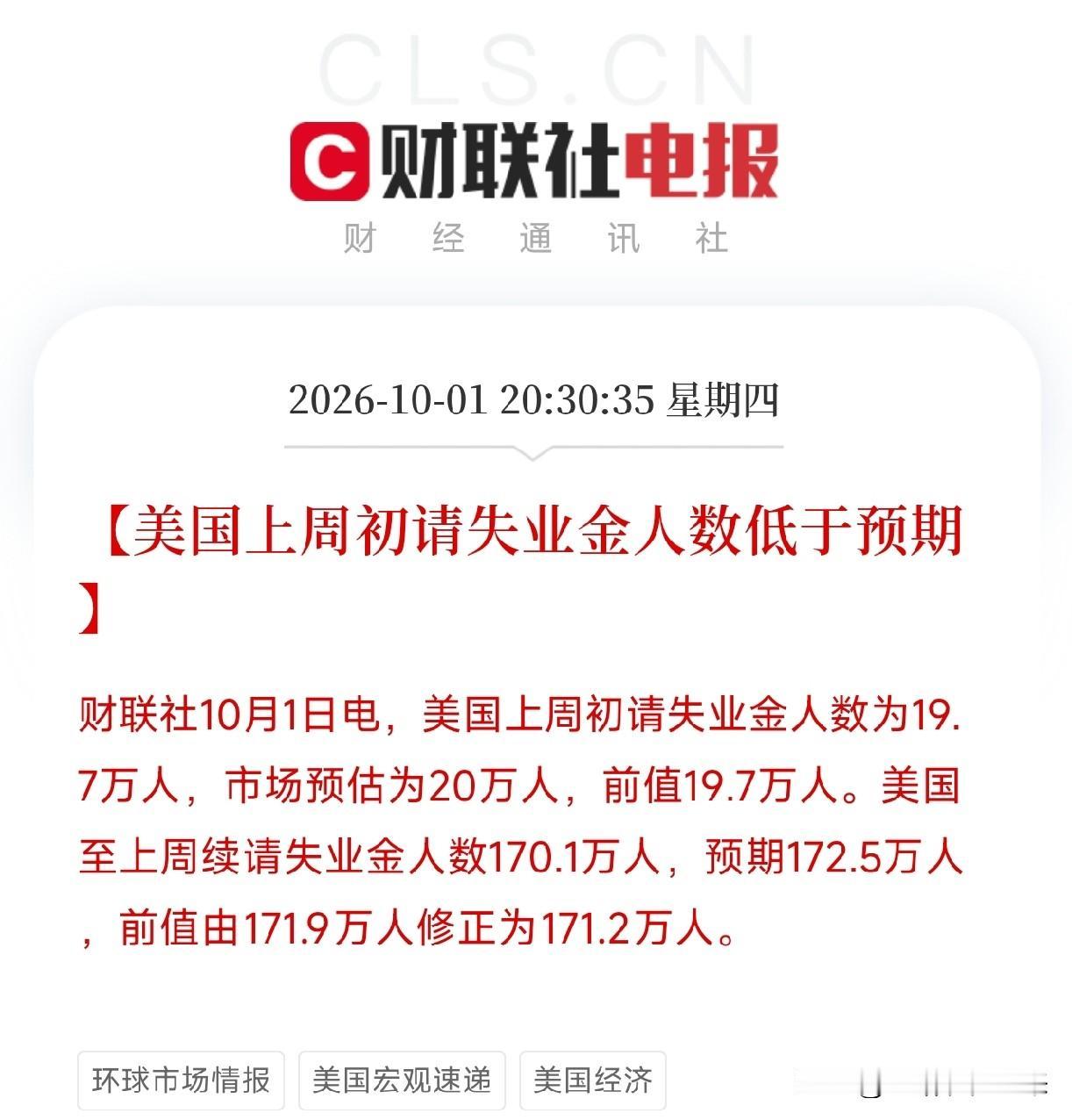 刚端起晚饭，手机弹出这条，我看了眼数字，默默把碗放下了美国上周初请失业金人数