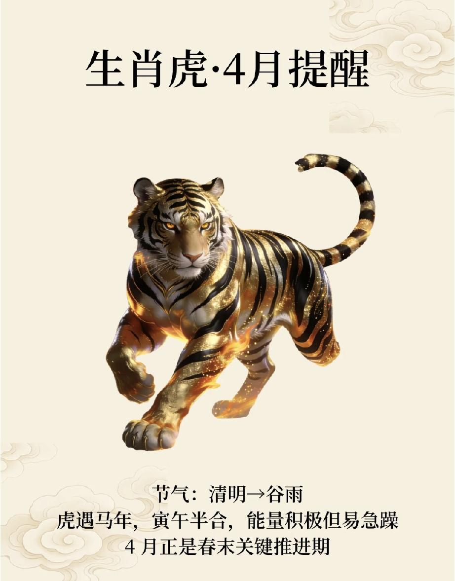 生肖虎4月：寅午半合的春末，别让急躁拖了后腿2026马年，生肖虎迎来寅午半