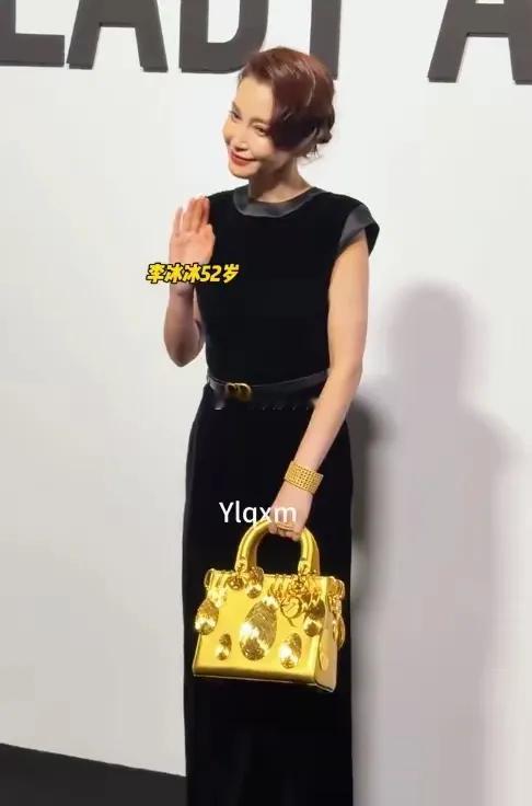 笑死了！李冰冰真大胆啊，黑色连衣裙配了土豪金的包包，这配色，映入眼帘的只有一只土