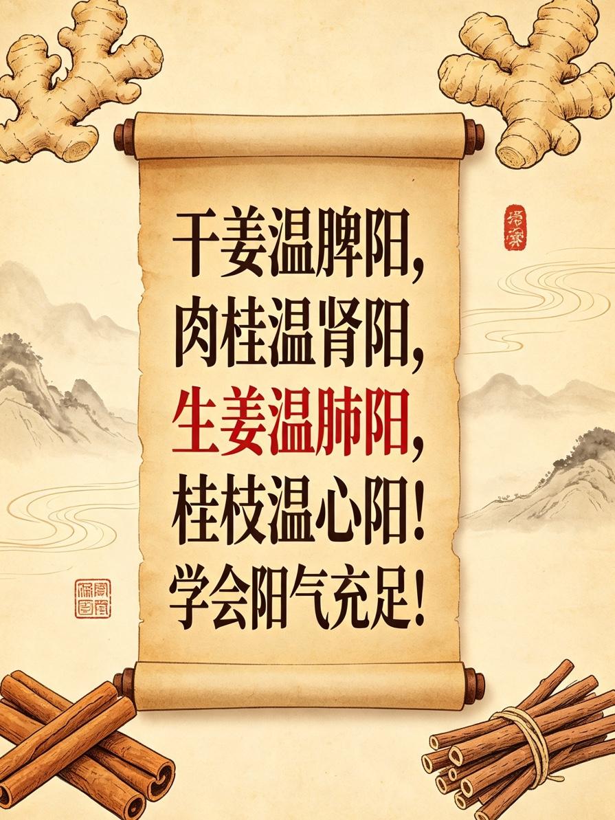 干姜温脾阳，肉桂温肾阳，生姜温肺阳，桂枝温心阳！学会阳气充足！中药世界里，每