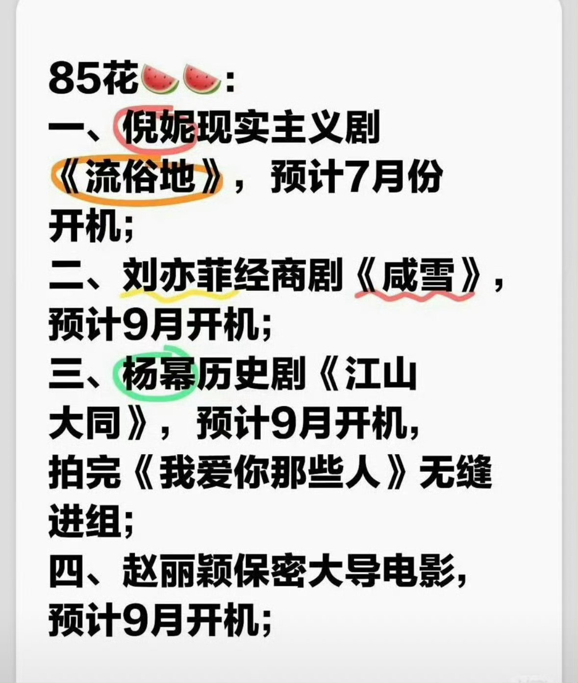 85花影视瓜🍉一、倪妮现实主义剧《流俗地》，预计7月份开机；二、刘亦菲经商剧《