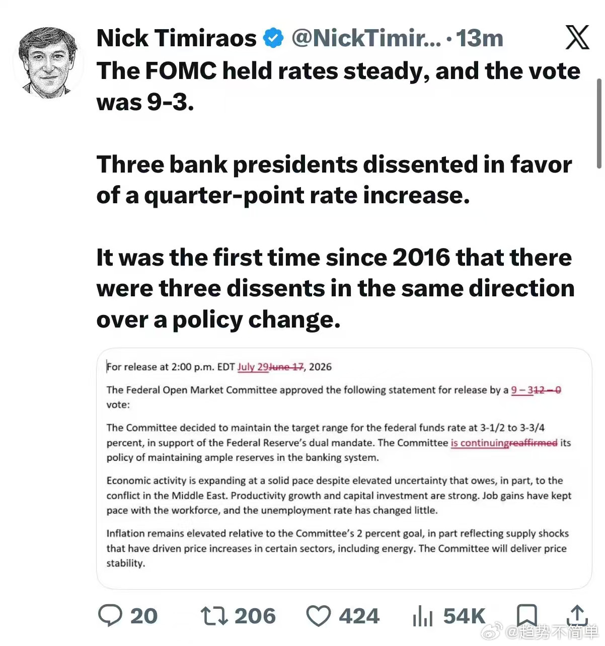 “美联储喉舌”NickTimiraos在社媒上表示，这是自2016年以来，美联