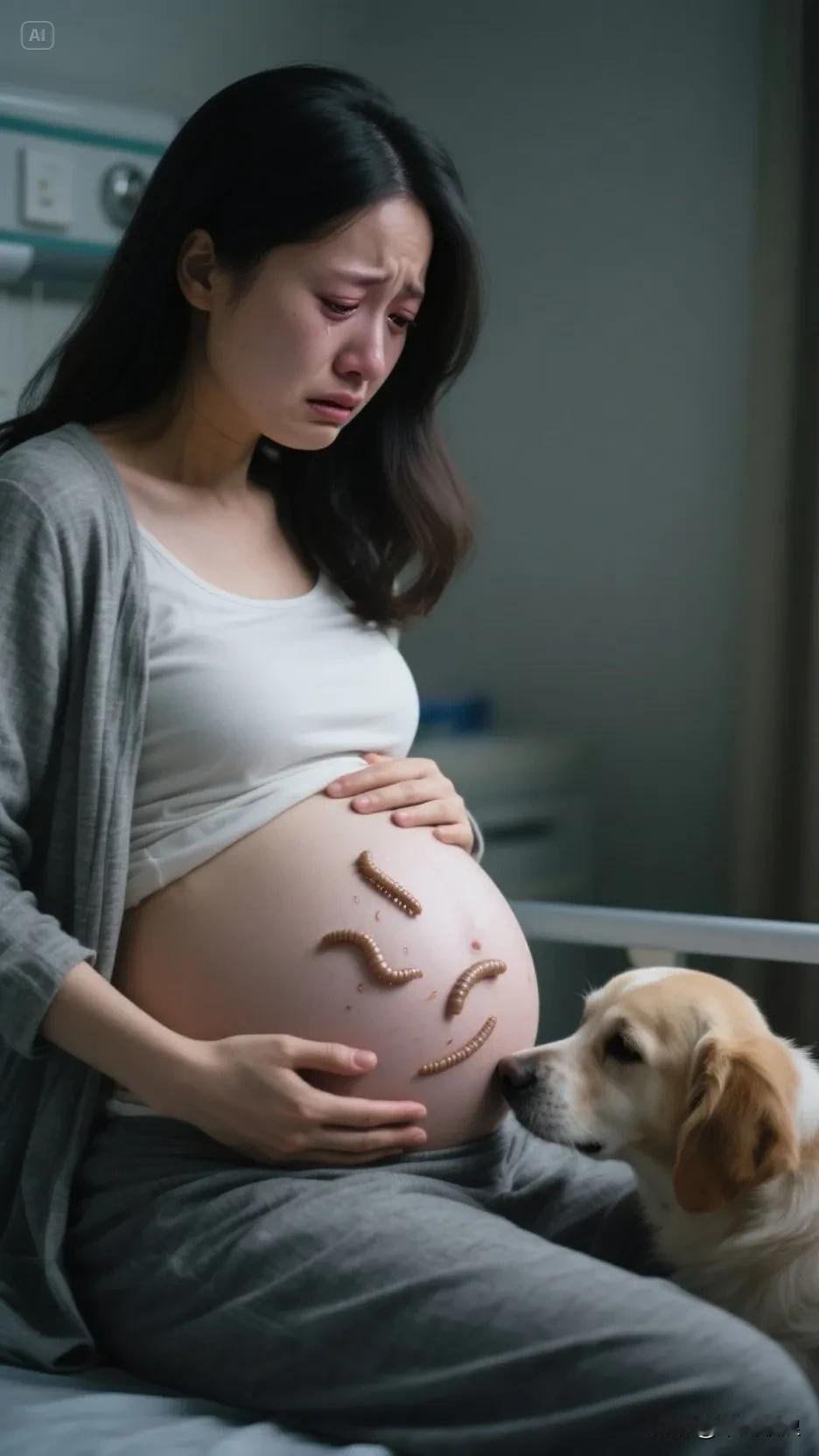 女主人坐在床上，脸上满是懊悔与自责。之前她常常让狗狗舔自己的肚子，现在肚子突然剧