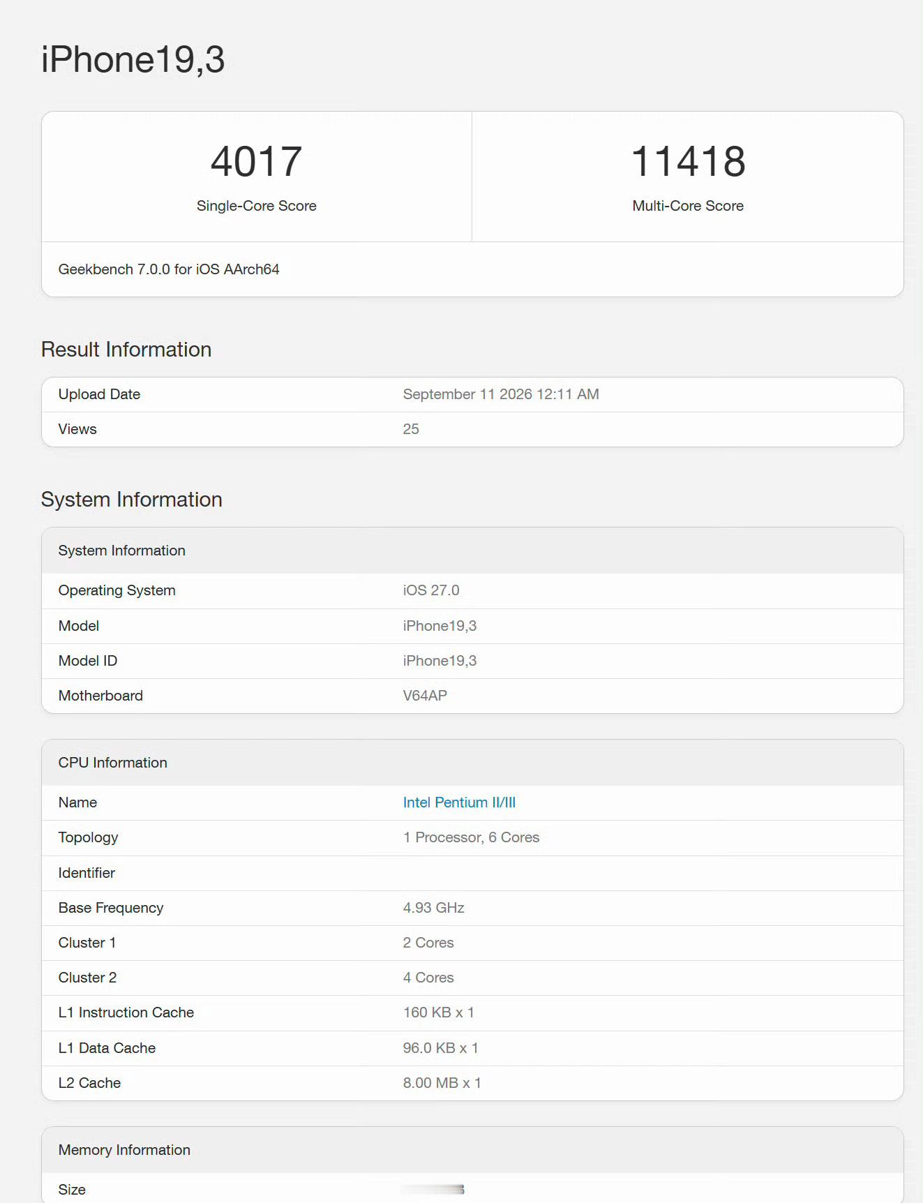 iPhone18Pro.Max：A20Pro跑分，单核4000±，多核110