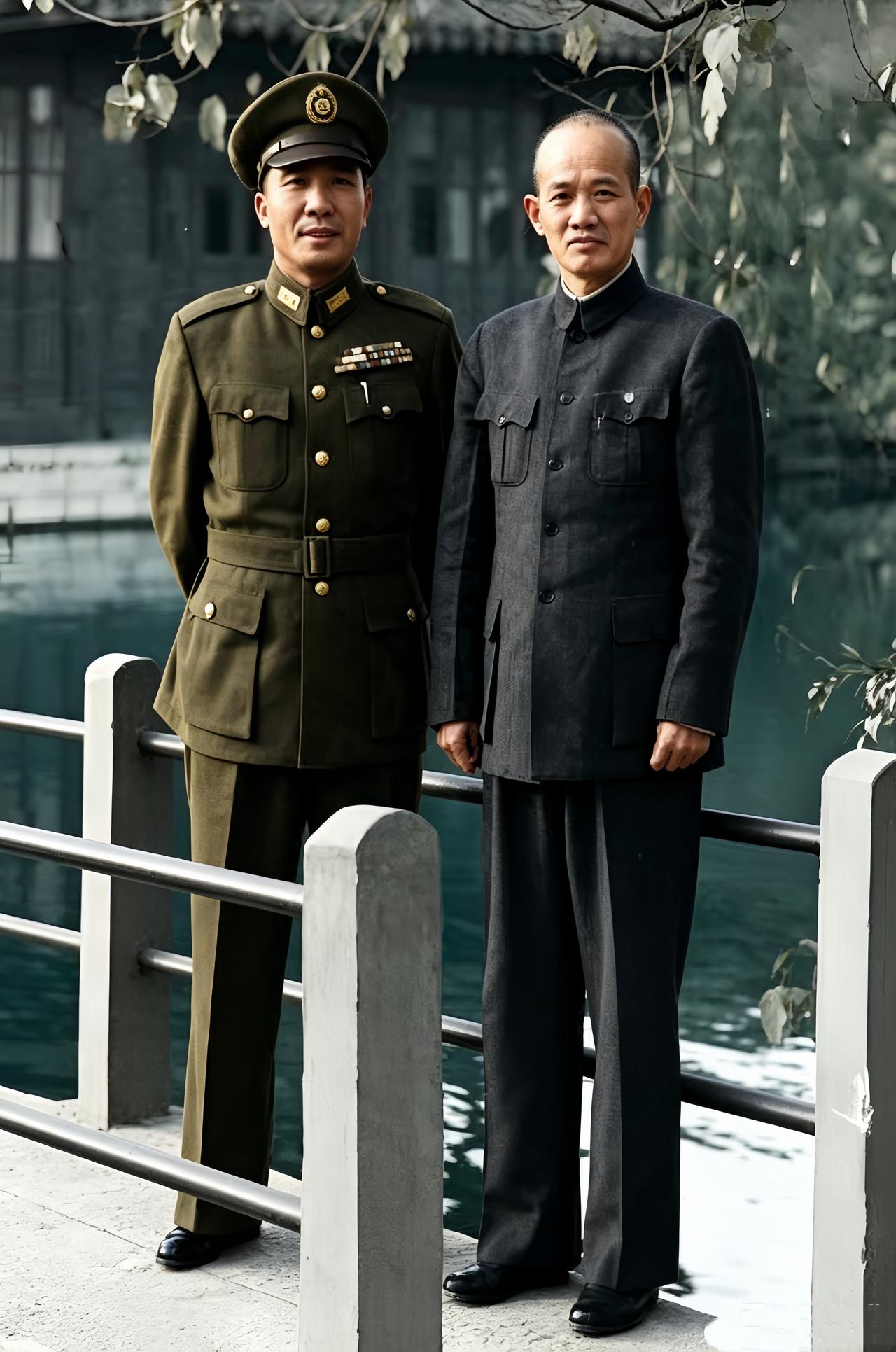 这是身穿军装的王耀武与身穿中山装的俞济时。俞济时不仅是王耀武的学哥，还是王的老上