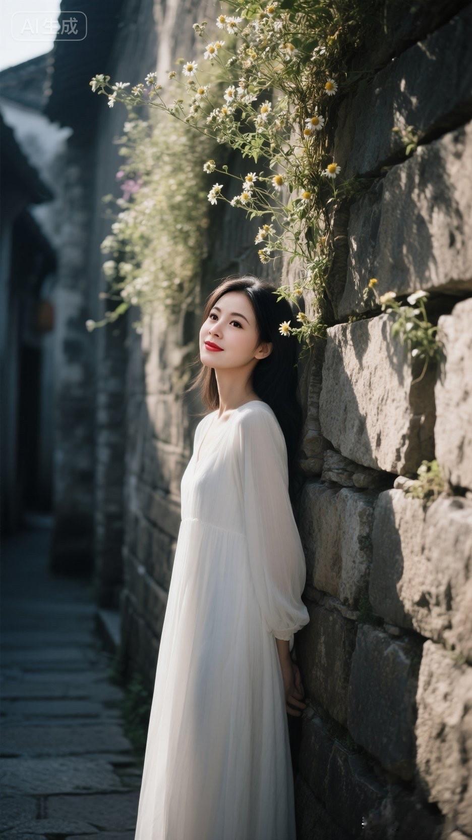 “静谧古巷，白裙少女倚墙，岁月静好。”🌸🍃