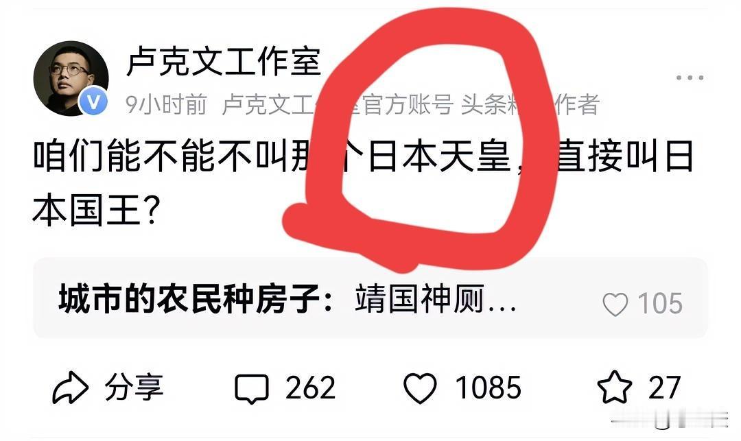 卢克文的这个建议可以封神。以后国内对日本的统治者不要称“日本天皇”，最多他也就