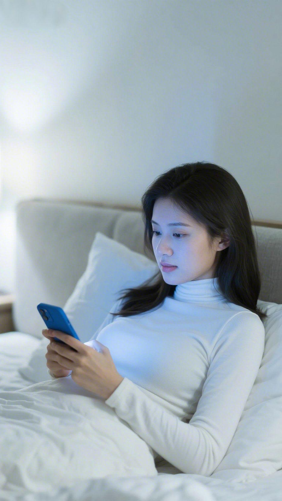 《夜盏柔光里的轻缓》夜的软意漫过床沿，她裹着素白衣衫倚在枕间，指尖的蓝手机