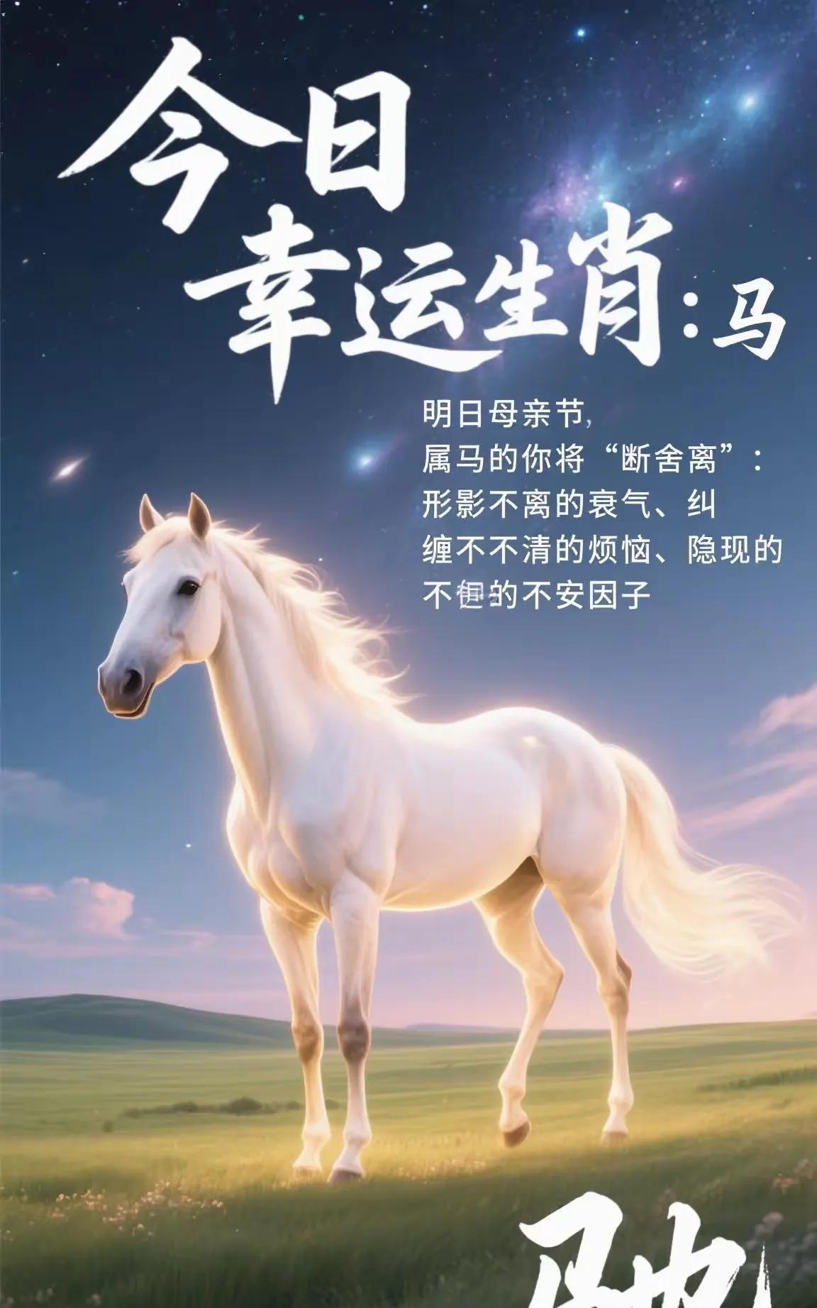 生肖马今日幸运生肖：马。马：明日便是母亲节了，属马的你将会进行“断舍离”：