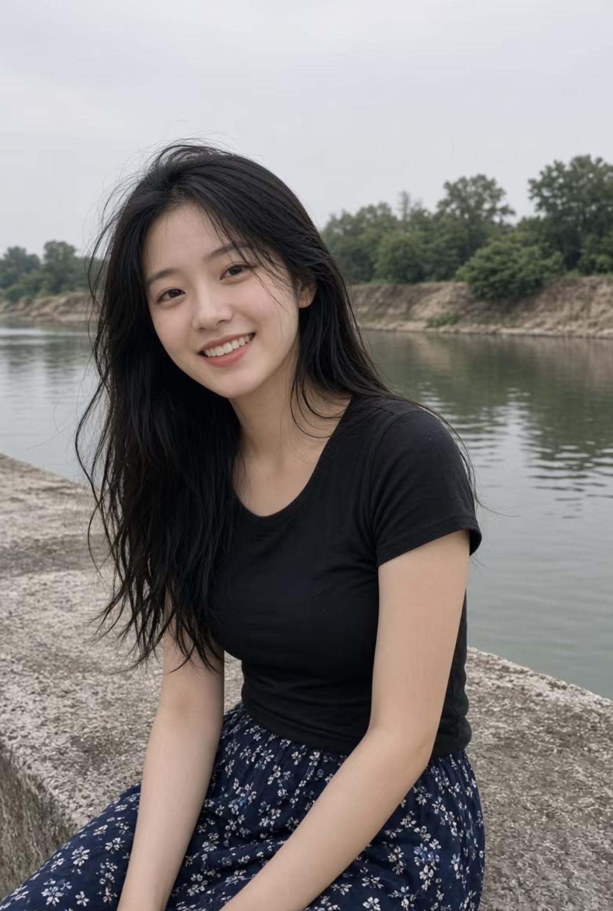 漂亮女孩水塘边自拍。