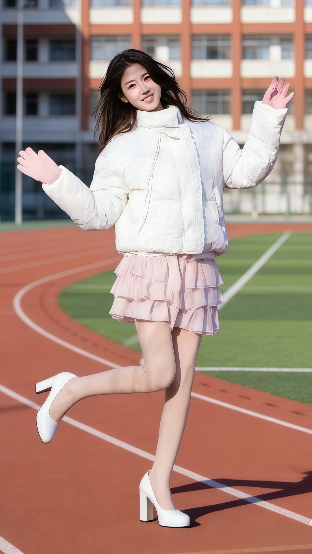 校园运动风穿搭，白色羽绒服搭配粉色百褶裙，活力满满！💃🏻👟