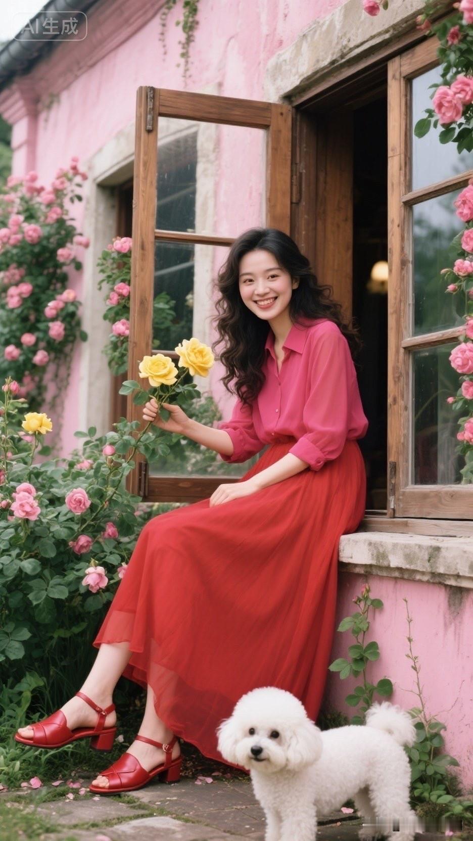 穿着红裙子的女人在窗边微笑。